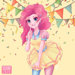Size: 1160x1160 | Tagged: safe, artist:vilyann, part of a set, pinkie pie, human, g4, barrette, clothes, confetti, cute, diapinkes, dress, ear piercing, earring, female, humanized, jewelry, leggings, looking at you, open mouth, piercing, simple background, solo, streamers, yellow background