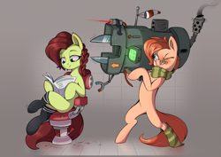 Size: 2985x2110 | Tagged: safe, artist:rexyseven, oc, oc only, oc:oil drop, oc:rusty gears, pony, bipedal, clothes, female, high res, machine, mare, scarf, sock, socks, striped socks, this will end in death, this will end in pain, this will end in tears, this will end in tears and/or death