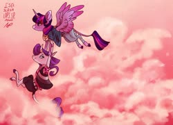 Size: 1280x923 | Tagged: safe, artist:laps-sp, rarity, twilight sparkle, alicorn, unicorn, anthro, unguligrade anthro, g4, clothes, cloud, colored hooves, curved horn, female, flying, hand, holding a pony, horn, horn ring, leonine tail, lesbian, ship:rarilight, shipping, twilight sparkle (alicorn)