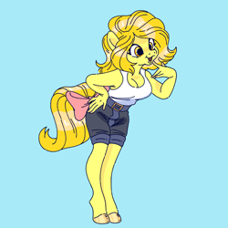 Size: 1800x1800 | Tagged: safe, artist:hillvalleyclown, oc, oc only, oc:butterscotch (robiinart), earth pony, anthro, unguligrade anthro, anthro oc, blue background, bow, clothes, female, mare, open mouth, shorts, simple background, solo, tail bow, tank top