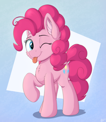 Size: 3300x3800 | Tagged: safe, artist:arcane-thunder, pinkie pie, earth pony, pony, g4, abstract background, blue background, cheek fluff, chest fluff, cute, diapinkes, ear fluff, female, gradient background, happy, high res, mare, one eye closed, raised hoof, simple background, solo, tongue out, wink