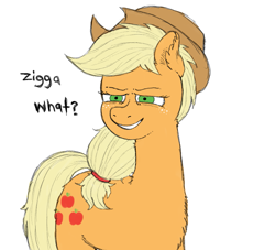 Size: 1047x951 | Tagged: safe, artist:happyartfag, applejack, earth pony, pony, g4, 4chan, applejack's hat, bigotjack, cowboy hat, drawthread, female, hat, looking at you, mare, out of character, simple background, solo, speciesism, text, white background, zigga
