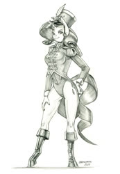 Size: 950x1375 | Tagged: safe, artist:baron engel, rarity, unicorn, anthro, unguligrade anthro, g4, testing testing 1-2-3, ancient wonderbolts uniform, boots, breasts, clothes, female, grayscale, leotard, mare, monochrome, pencil drawing, sgt. rarity, shoes, simple background, solo, traditional art, uniform, white background