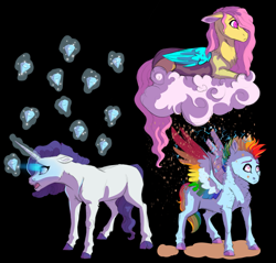 Size: 2869x2748 | Tagged: safe, artist:venommocity, fluttershy, rainbow dash, rarity, draconequus, pony, fanfic:my little pony: the unexpected future, g4, black background, blinded by the light, chocolate, chocolate rain, cloud, colored wings, cotton candy, cotton candy cloud, draconequified, electricity, female, flutterequus, food, high res, jewels, magic, magic aura, mare, multicolored wings, on a cloud, rain, simple background, sitting, sitting on a cloud, species swap, telekinesis, wings