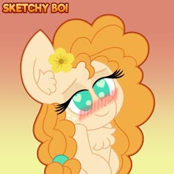 Size: 1280x1280 | Tagged: safe, artist:snakeythingy, pear butter, g4, the perfect pear, blushing, chest fluff, gradient background, heart eyes, implied bright mac, implied brightbutter, wingding eyes