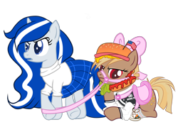 Size: 3510x2512 | Tagged: safe, artist:aepp, oc, oc only, oc:balmoral, oc:patty (ice1517), earth pony, pony, unicorn, american, american flag, annoyed, base used, bow, bridle, burger, cheese, clothes, collar, converse, female, flag, food, freckles, hair bow, hat, high res, jersey, ketchup, kilt, lettuce, mare, mustard, open mouth, raised hoof, raised leg, saddle, sauce, scotland, scottish, shoes, simple background, skirt, socks, sweater, tack, transparent background, underhoof, ych result