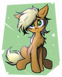 Size: 1280x1600 | Tagged: safe, artist:tatykin, applejack, earth pony, pony, g4, abstract background, chest fluff, cute, ear fluff, female, hatless, jackabetes, leg fluff, looking at you, mare, missing accessory, no pupils, sitting, solo