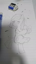 Size: 1152x2048 | Tagged: safe, artist:omegapony16, oc, oc only, earth pony, pony, bipedal, dancing, earth pony oc, eraser, female, frog (hoof), hoof hold, irl, lineart, lined paper, mare, musical instrument, pencil, photo, rattle, smiling, solo, traditional art, underhoof