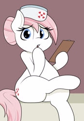 Size: 1910x2766 | Tagged: dead source, safe, artist:blitzyflair, nurse redheart, earth pony, pony, g4, adorasexy, chubby, crossed legs, cute, female, heartabetes, looking at you, mare, nurse roundheart, sexy, simple background, solo, wide hips, worried