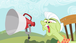 Size: 2000x1125 | Tagged: safe, screencap, granny smith, earth pony, pony, g4, sisterhooves social, female, mare, megaphone, open mouth, rocking chair, solo