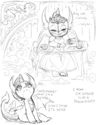 Size: 1148x1485 | Tagged: safe, artist:alts-art, smolder, dragon, g4, clothes, cute, dragoness, dress, female, monochrome, princess smolder, puffy sleeves, smolderbetes, tea party