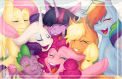 Size: 5100x3300 | Tagged: safe, artist:mscolorsplash, applejack, fluttershy, pinkie pie, rainbow dash, rarity, spike, twilight sparkle, alicorn, dragon, earth pony, pegasus, pony, unicorn, g4, absurd resolution, blushing, cute, eyes closed, floppy ears, male, mane seven, mane six, open mouth, smiling, twilight sparkle (alicorn), winged spike, wings