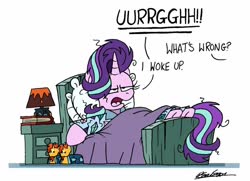 Size: 1024x740 | Tagged: safe, artist:bobthedalek, starlight glimmer, pony, unicorn, g4, annoyed, bed, bed mane, board game, clothes, dialogue, dragon pit, female, groan, implied shipping, implied starburst, implied straight, implied sunburst, lamp, messy mane, morning ponies, offscreen character, pajamas, simple background, slippers, solo, themed slippers, white background