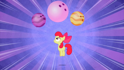 Size: 2000x1124 | Tagged: safe, screencap, apple bloom, earth pony, pony, g4, the cutie pox, blank flank, bowling ball, female, filly, foal, jumping, purple background, simple background, solo, sunburst background