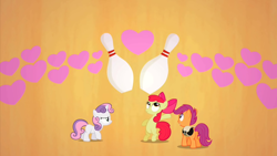 Size: 2000x1124 | Tagged: safe, screencap, apple bloom, scootaloo, sweetie belle, earth pony, pegasus, pony, unicorn, g4, the cutie pox, bag, bowling bag, bowling pin, cutie mark crusaders, female, filly, foal, orange background, saddle bag, simple background, trio