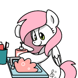Size: 1000x1000 | Tagged: safe, artist:sugar morning, oc, oc only, oc:sugar morning, pegasus, pony, animated, bipedal, bubble, coronavirus, covid-19, cute, faucet, female, gif, mare, ocbetes, public service announcement, simple background, sink, soap, solo, toothbrush, toothpaste, transparent background, washing