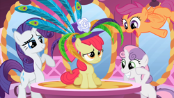 Size: 2874x1618 | Tagged: safe, screencap, apple bloom, rarity, scootaloo, sweetie belle, earth pony, pegasus, pony, unicorn, g4, the cutie pox, buzzing wings, carousel boutique, cutie mark crusaders, feather, feathered hat, female, filly, foal, hat, hind legs, mare, mirror, peacock feathers, raised hoof, wings