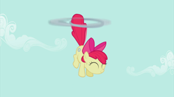 Size: 2880x1618 | Tagged: safe, screencap, apple bloom, earth pony, pony, g4, the cutie pox, eyes closed, female, filly, flying, foal, hoopla, loop-de-hoop, sky, smiling, solo, tailcopter