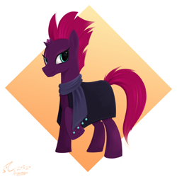 Size: 3000x3000 | Tagged: safe, artist:fladdrarblyg, tempest shadow, pony, unicorn, g4, broken horn, cape, clothes, eye scar, female, high res, horn, mare, raised hoof, scar, scarf, simple background, smiling, solo