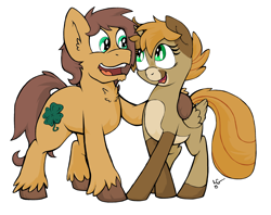 Size: 3336x2640 | Tagged: safe, artist:lucas_gaxiola, oc, oc only, oc:charmed clover, earth pony, pegasus, pony, duo, earth pony oc, female, high res, male, mare, open mouth, pegasus oc, side hug, smiling, stallion, unshorn fetlocks, wings
