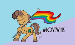 Size: 2952x1800 | Tagged: safe, alternate version, artist:lucas_gaxiola, oc, oc only, oc:charmed clover, earth pony, pony, abstract background, colored, earth pony oc, eyes closed, flag, gay pride flag, male, pride, pride flag, raised hoof, signature, smiling, solo, stallion