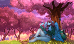 Size: 2000x1186 | Tagged: safe, artist:margony, oc, oc only, oc:strumbeat strings, butterfly, pegasus, anthro, plantigrade anthro, belt, boots, bow, chest fluff, clothes, crying, female, guitar, hair bow, jeans, mare, musical instrument, pants, plaid shirt, rule 63, scenery, shirt, shoes, solo, tree