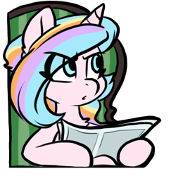 Size: 500x500 | Tagged: safe, artist:oofycolorful, oc, oc only, oc:oofy colorful, pony, unicorn, chair, down beat bear, exploitable meme, eye clipping through hair, meme, newspaper, newspaper meme, ponified, ponified meme, reaction image, simple background, solo, tom and jerry, tom reading the newspaper, transparent background