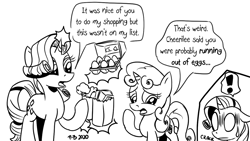 Size: 1200x675 | Tagged: safe, artist:pony-berserker, rarity, sweetie belle, pony, unicorn, pony-berserker's twitter sketches, g4, black and white, burn, childhood innocence, egg, exclamation point, glowing horn, grayscale, horn, implied cheerilee, implied menopause, magic, monochrome, naive, naive sweetie belle, o.o, oblivious, sketch, telekinesis