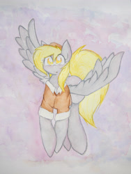 Size: 3024x4032 | Tagged: safe, artist:papersurgery, derpy hooves, pegasus, pony, g4, background pony, female, flying, looking at you, mare, solo, traditional art, watercolor painting