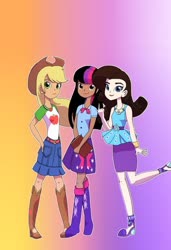 Size: 400x584 | Tagged: safe, artist:andromedasparkz, applejack, rarity, twilight sparkle, equestria girls, equestria girls series, g4, book, female, freckles, human coloration, looking at you, natural eye color, natural hair color, pointing, raised leg, rarity peplum dress, smiling