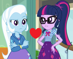 Size: 523x425 | Tagged: safe, edit, edited screencap, screencap, sci-twi, trixie, twilight sparkle, a little birdie told me, equestria girls, equestria girls specials, g4, my little pony equestria girls: better together, my little pony equestria girls: holidays unwrapped, female, lesbian, ship:sci-twixie, ship:twixie, shipping, shipping domino