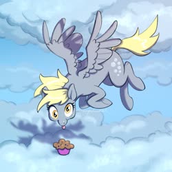 Size: 1850x1850 | Tagged: safe, artist:angelcakek, derpy hooves, pegasus, pony, g4, :p, anatomically incorrect, cloud, cute, derpabetes, eyes on the prize, female, flying, looking at something, mare, muffin, sky, solo, spread wings, that pony sure does love muffins, tongue out, wings