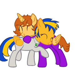 Size: 1178x1200 | Tagged: safe, artist:angrybeavers1997, oc, oc only, oc:aspen, oc:flare spark, alicorn, pegasus, pony, g4, alicorn oc, base used, bodysuit, catsuit, eyes closed, female, female oc, hippie, horn, hug, jewelry, latex, latex suit, mare, mare oc, necklace, peace suit, peace symbol, pegasus oc, pony oc, rubber suit, sibling love, siblings, simple background, sisterly love, sisters, transparent background, yellow coat