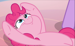Size: 1524x939 | Tagged: safe, screencap, pinkie pie, pony, g4, the ending of the end, belly, cropped, cute, diapinkes, faic, female, lying down, smiling, solo, underhoof