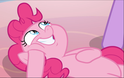 Size: 1485x941 | Tagged: safe, screencap, pinkie pie, earth pony, pony, g4, the ending of the end, cheek squish, cropped, cute, diapinkes, faic, female, lying down, smiling, solo, squishy cheeks