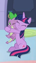 Size: 393x680 | Tagged: safe, screencap, spike, twilight sparkle, alicorn, dragon, pony, g4, the ending of the end, cropped, cute, duo, eyes closed, female, hug, male, sitting, spikabetes, twiabetes, twilight sparkle (alicorn), winged spike, wings