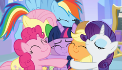 Size: 1621x937 | Tagged: safe, screencap, applejack, fluttershy, pinkie pie, rainbow dash, rarity, spike, twilight sparkle, alicorn, dragon, pony, g4, the ending of the end, cropped, cute, eyes closed, female, group, group hug, hug, male, mane seven, mane six, smiling, twiabetes, twilight sparkle (alicorn), winged spike, wings