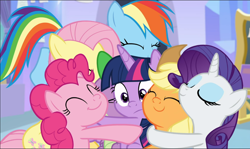 Size: 1584x941 | Tagged: safe, screencap, applejack, fluttershy, pinkie pie, rainbow dash, rarity, spike, twilight sparkle, alicorn, dragon, pony, g4, the ending of the end, cropped, cute, eyes closed, female, group, group hug, hug, male, mane seven, mane six, smiling, twilight sparkle (alicorn), winged spike, wings