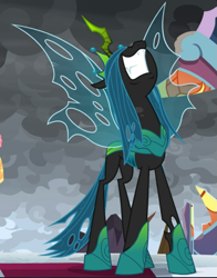 Size: 733x936 | Tagged: safe, screencap, queen chrysalis, changeling, changeling queen, g4, the ending of the end, concave belly, cropped, female, lanky, nose in the air, skinny, smiling, solo, tall, teeth, thin, ultimate chrysalis