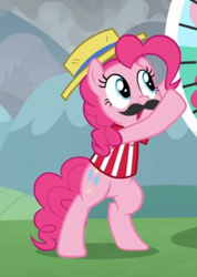 Size: 372x523 | Tagged: safe, screencap, pinkie pie, pony, g4, the ending of the end, bipedal, clothes, cropped, fake moustache, female, hat, solo