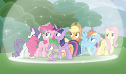 Size: 717x420 | Tagged: safe, screencap, applejack, fluttershy, pinkie pie, rainbow dash, rarity, spike, twilight sparkle, alicorn, dragon, pony, g4, the ending of the end, cropped, female, group, magic, male, mane seven, mane six, shield, smiling, twilight sparkle (alicorn), winged spike, wings