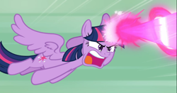 Size: 1668x874 | Tagged: safe, screencap, twilight sparkle, alicorn, pony, g4, the ending of the end, blast, cropped, female, flying, magic, magic blast, open mouth, solo, spread wings, twilight sparkle (alicorn), wings