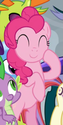 Size: 305x607 | Tagged: safe, screencap, pinkie pie, spike, thorax, changedling, changeling, dragon, pony, g4, the ending of the end, bipedal, cropped, cute, diapinkes, eyes closed, female, king thorax, male, offscreen character, smiling, solo focus, winged spike, wings