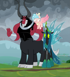 Size: 855x935 | Tagged: safe, screencap, cozy glow, lord tirek, queen chrysalis, alicorn, centaur, changeling, changeling queen, pony, g4, the ending of the end, alicornified, armor, bow, cloven hooves, colored hooves, cozycorn, cropped, female, filly, flying, hair bow, legion of doom, male, nose piercing, nose ring, piercing, race swap, reaction image, scared, septum piercing, shocked, trio, ultimate chrysalis