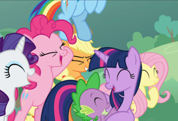 Size: 1383x938 | Tagged: safe, screencap, applejack, fluttershy, pinkie pie, rainbow dash, rarity, spike, twilight sparkle, alicorn, dragon, earth pony, pegasus, pony, unicorn, g4, the ending of the end, bipedal, cheering, cropped, eyes closed, female, flying, group, hug, male, mane seven, mane six, png, smiling, twilight sparkle (alicorn), winged spike, wings