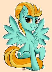 Size: 2160x3000 | Tagged: safe, artist:sadtrooper, lightning dust, pegasus, pony, g4, chest fluff, female, high res, lidded eyes, looking at you, mare, orange background, raised hoof, simple background, sitting, smiling, solo, spread wings, wings