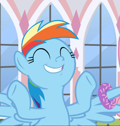 Size: 888x938 | Tagged: safe, screencap, rainbow dash, pegasus, pony, g4, the ending of the end, cropped, cute, dashabetes, donut, eyes closed, female, food, hooves in air, mare, smiling, solo, spread wings, wings