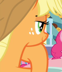 Size: 799x936 | Tagged: safe, screencap, applejack, pony, g4, the ending of the end, cropped, cute, female, hoof on chin, jackabetes, lidded eyes, offscreen character, reaction image, solo