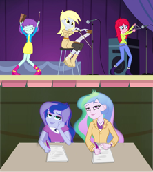Size: 1024x1155 | Tagged: safe, edit, screencap, blueberry pie, derpy hooves, princess celestia, princess luna, principal celestia, raspberry fluff, vice principal luna, equestria girls, g4, my little pony equestria girls: rainbow rocks, bell, brooch, clothes, cowbell, cutie mark, cutie mark accessory, cutie mark brooch, cutie mark on clothes, female, jewelry, microphone, musical instrument, musical saw, principal-vice principal judges you, the muffins, triangle