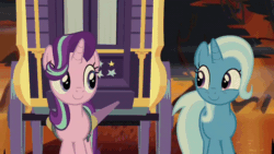 Size: 600x338 | Tagged: safe, screencap, starlight glimmer, trixie, pony, unicorn, g4, road to friendship, season 8, animated, close-up, cute, diatrixes, dodge, duo, female, fire, fire swamp, flame geyser, gif, glimmerbetes, mare, mawshot, mist, open mouth, singing, smiling, song, swamp, tree, trixie's wagon, uvula, vine, wagon, we're friendship bound